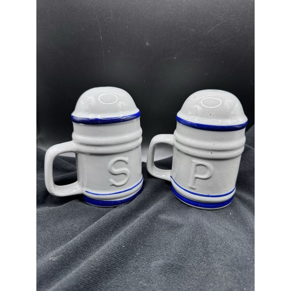 Vintage Stoneware Blue & White Salt & Pepper Shakers 5in Oversized